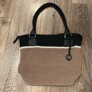 The Sak Cambria Crochet Knit Color Block Tan Off White Black Tote Handbag